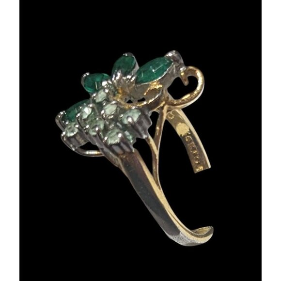 Vintage Faux Emerald And Diamond 14kt Gold Plated Floral Ring Size 5 3/4 - Picture 12 of 14